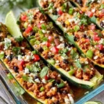 Turkey Taco Zucchini Boats filled with seasoned turkey and fresh toppings