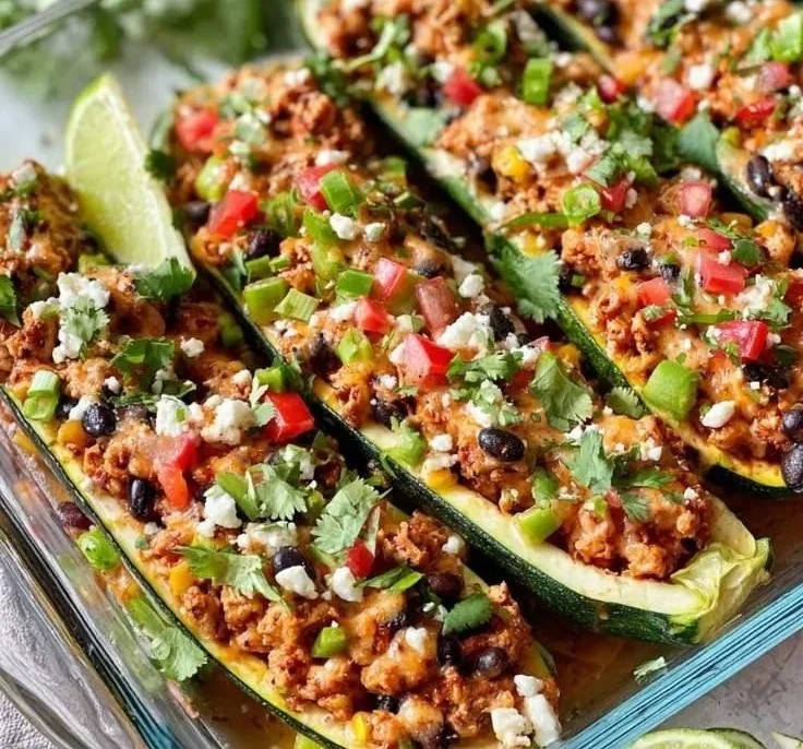 Turkey Taco Zucchini Boats filled with seasoned turkey and fresh toppings