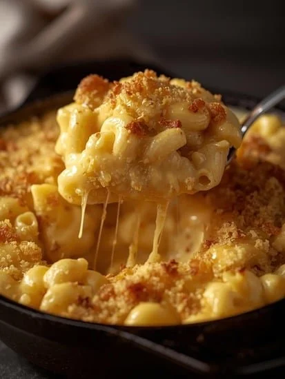 Bowl of ultimate smoked mac and cheese topped with breadcrumbs and herbs