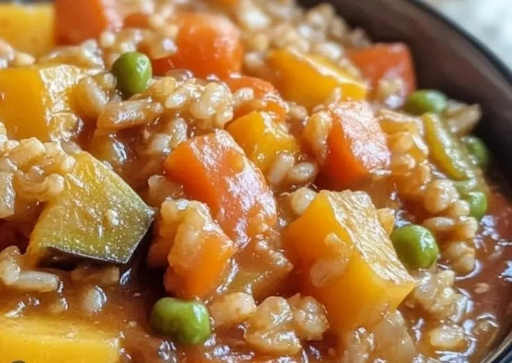 Delicious Vegetable Rice Stew prepared in a slow cooker, featuring vibrant vegetables and rice.
