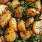 Vegetarian spinach and potato skillet served in a frying pan.