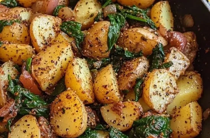 Vegetarian spinach and potato skillet served in a frying pan.