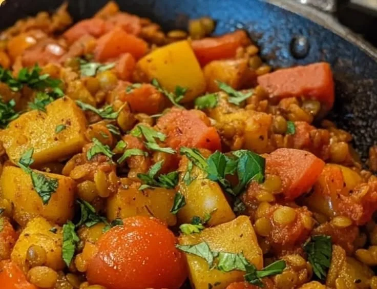 Vegetarian Tomato Lentil Skillet dish in a colorful presentation