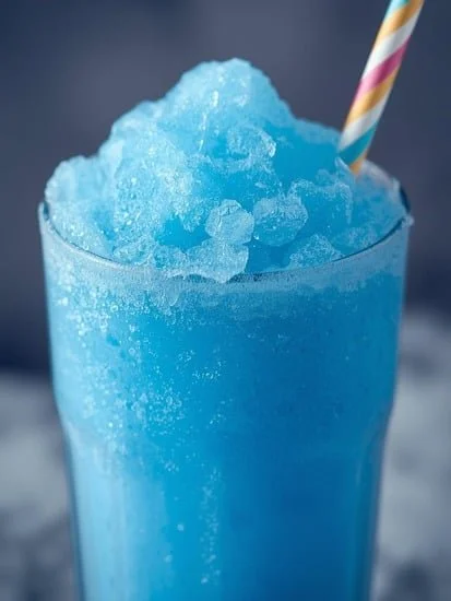 Colorful Blue Raspberry Slushie in a glass with ice and a straw
