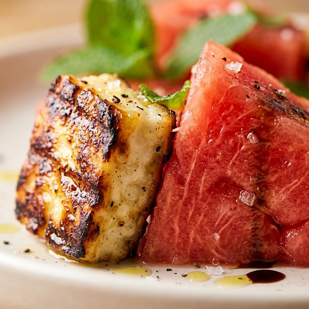Delicious Watermelon and Grilled Halloumi Salad with fresh ingredients