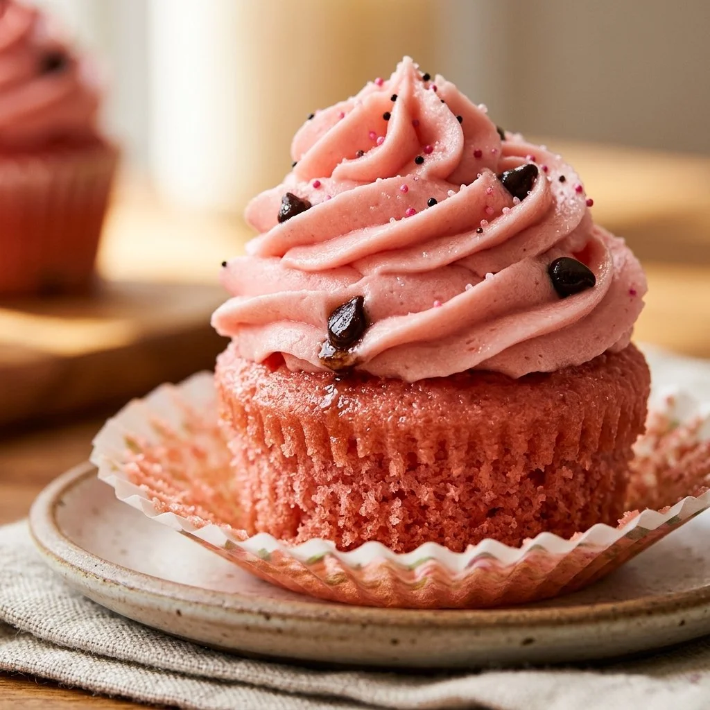 Delicious watermelon cupcakes topped with vibrant frosting