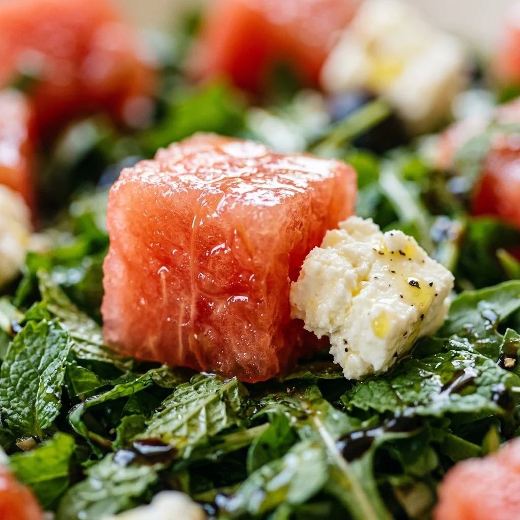 Delicious watermelon feta salad served in a bowl with fresh herbs