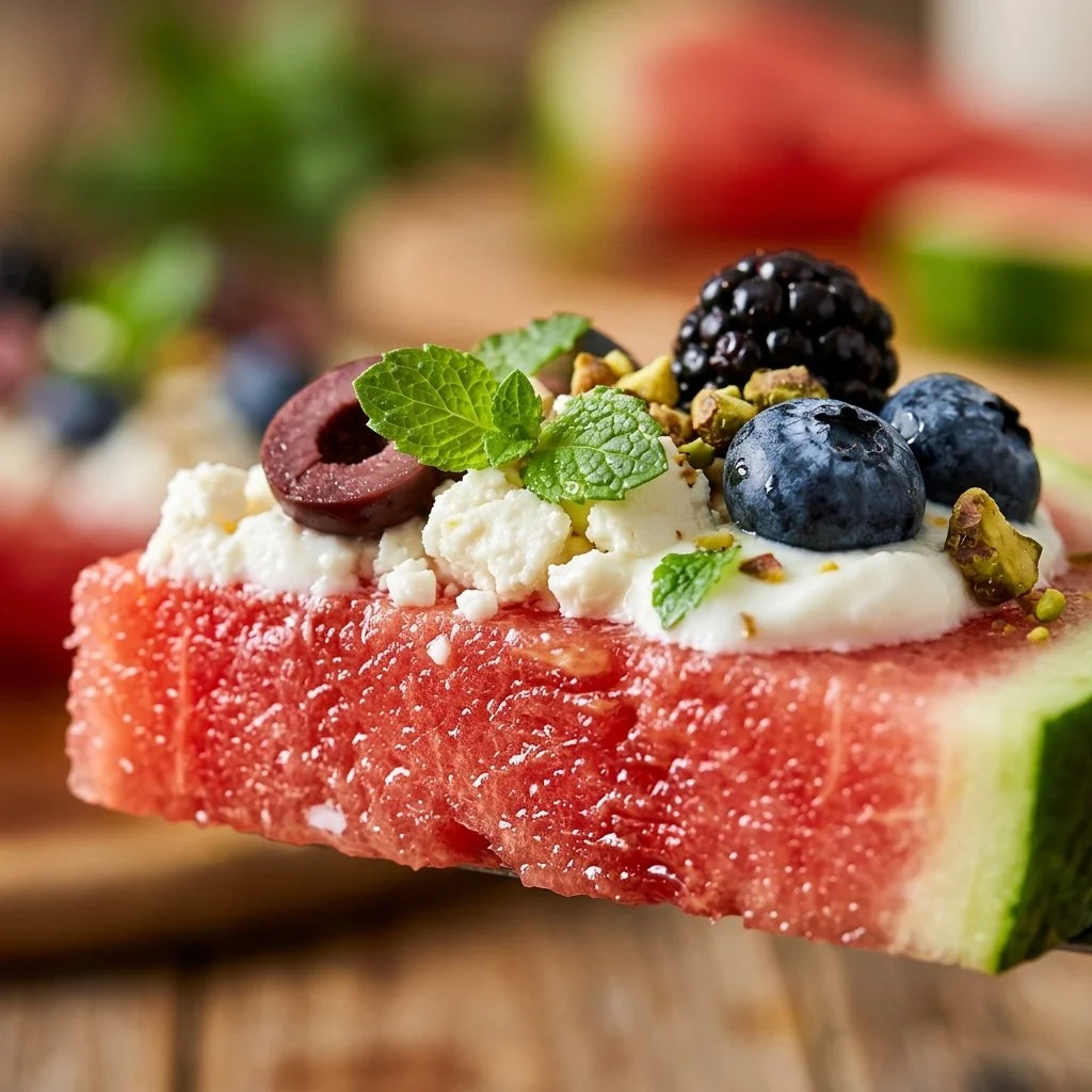 Delicious watermelon pizza topped with fresh fruits and mint leaves