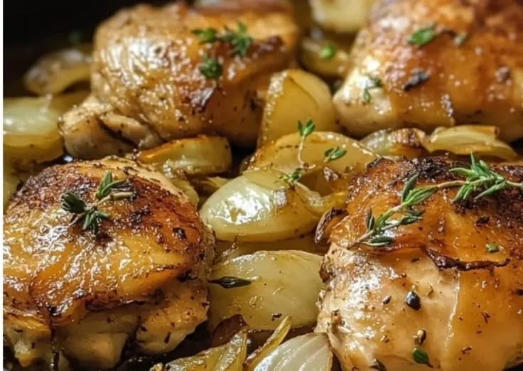 Weeknight chicken thigh skillet with onions in a cast iron pan