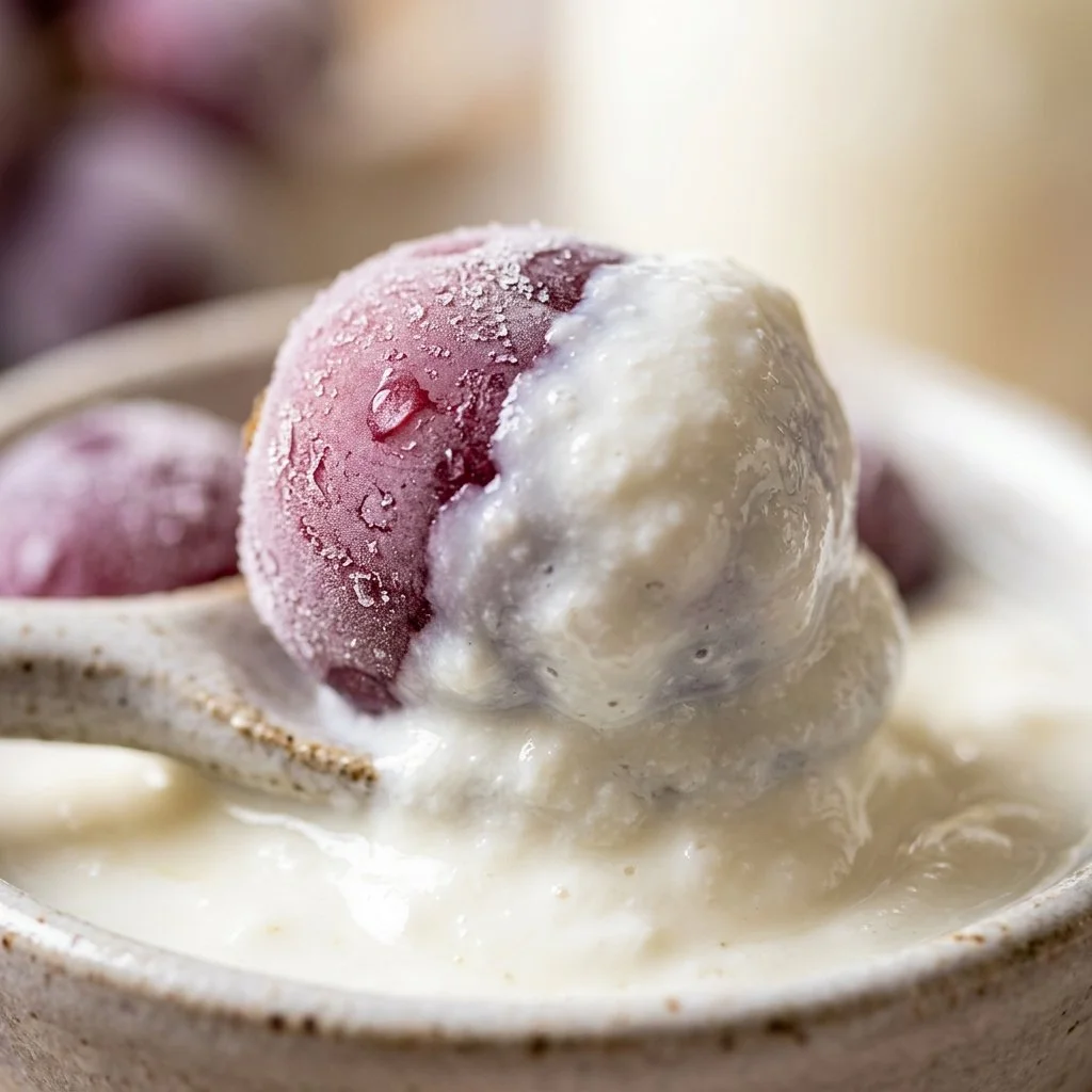 Yogurt-dipped frozen grapes served in a bowl