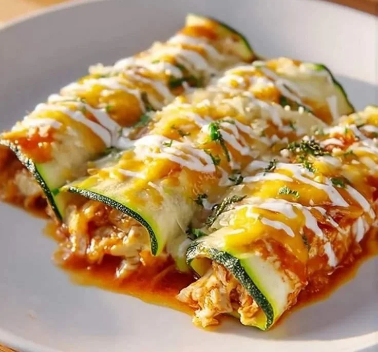 Delicious zucchini enchiladas served with toppings and fresh herbs