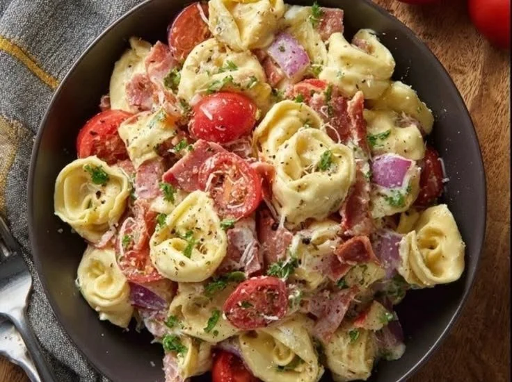 Bacon Tortellini Salad with fresh ingredients and vibrant colors