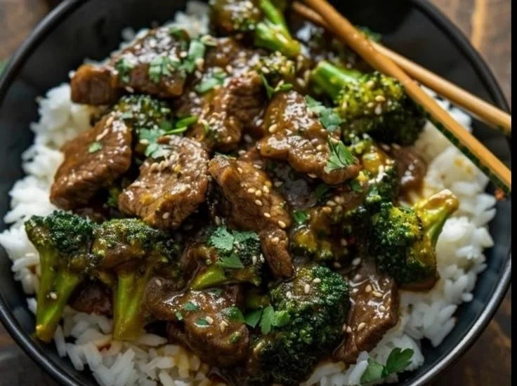 Beef and broccoli stir fry served in a bowl with chopsticks and fresh vegetables