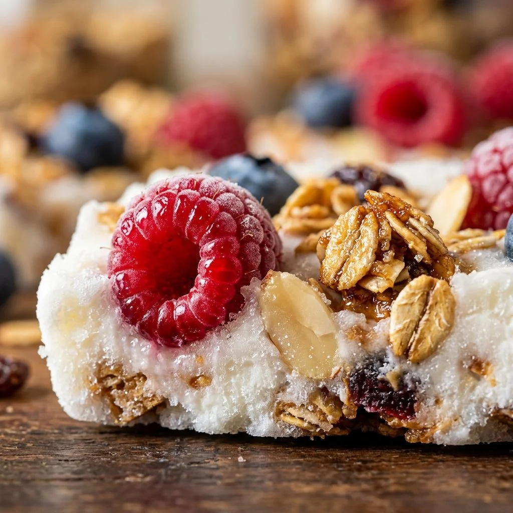 Berry and granola frozen yogurt bark with fresh toppings