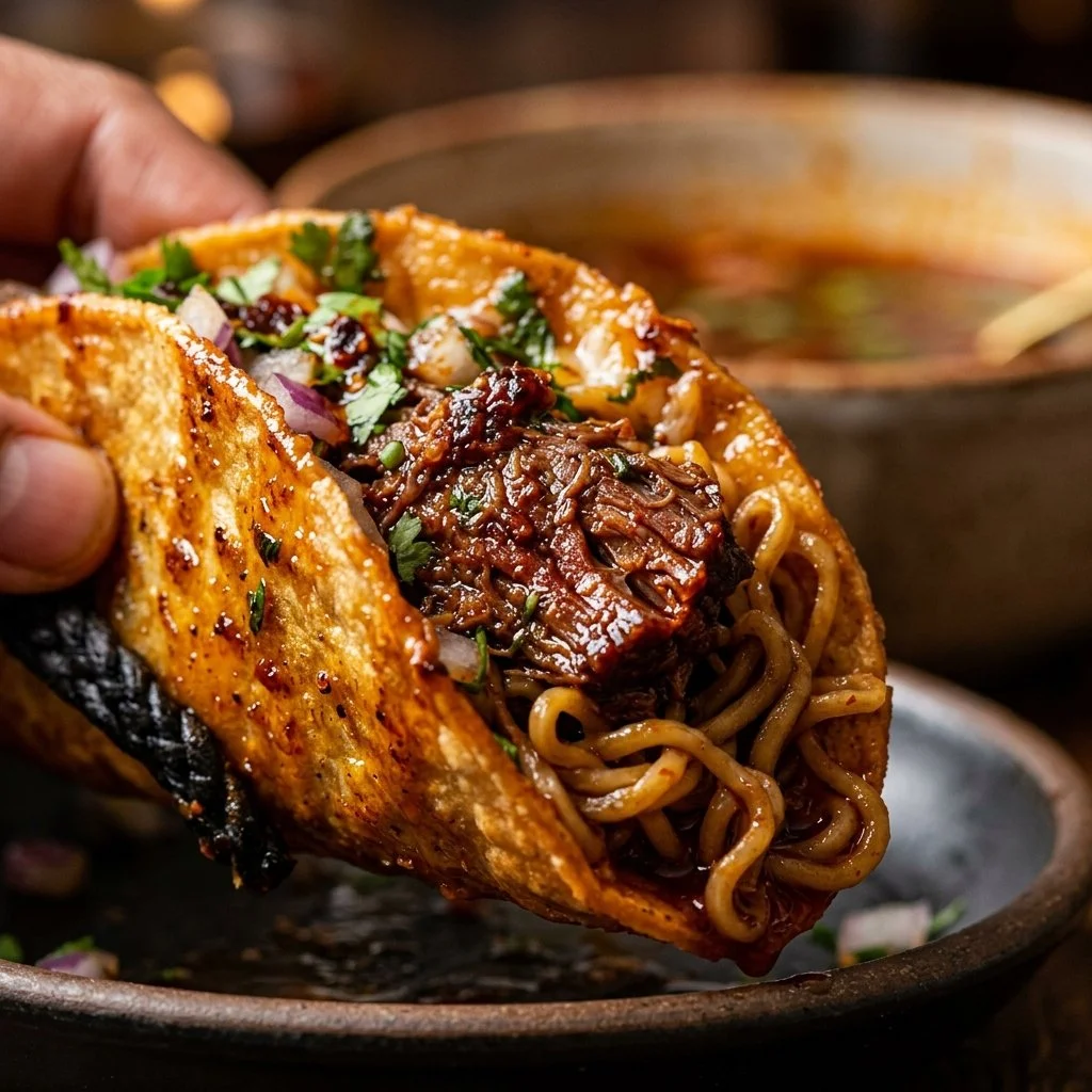 Delicious Birria Ramen Tacos garnished with fresh cilantro and lime
