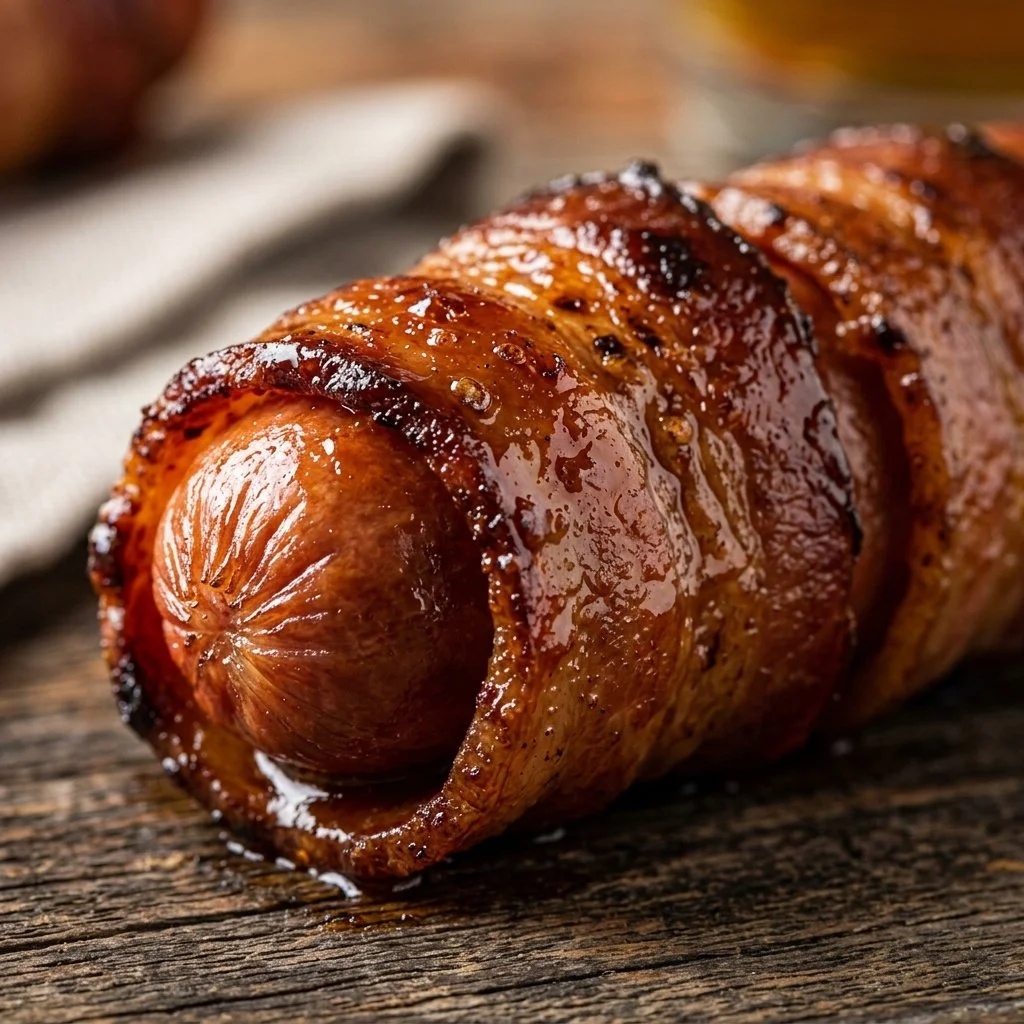 Blackstone bacon-wrapped hot dogs sizzling on the grill.