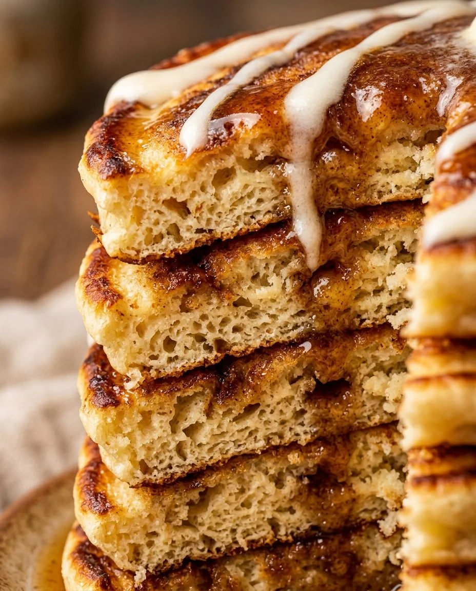 Delicious Blackstone cinnamon roll pancakes stacked with icing.