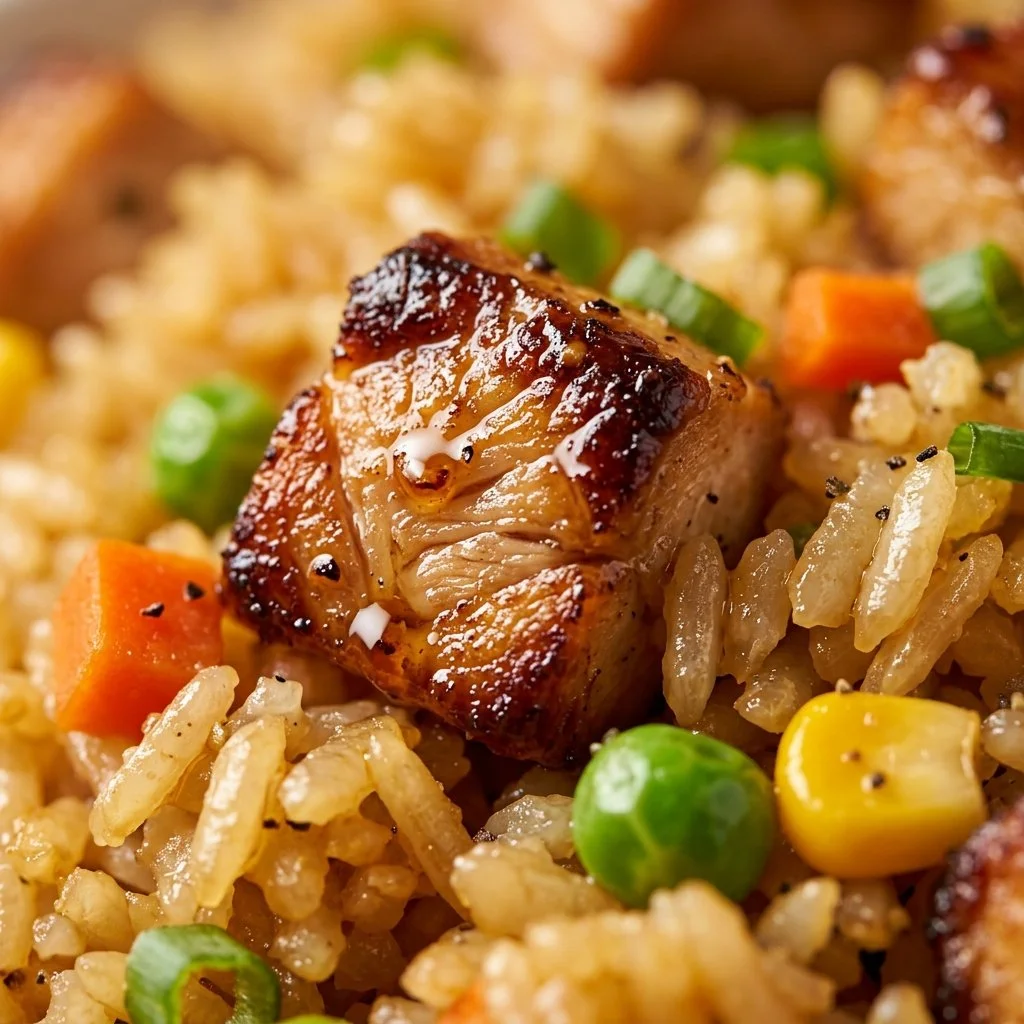 Delicious Blackstone Hibachi Chicken served with fried rice on a grill
