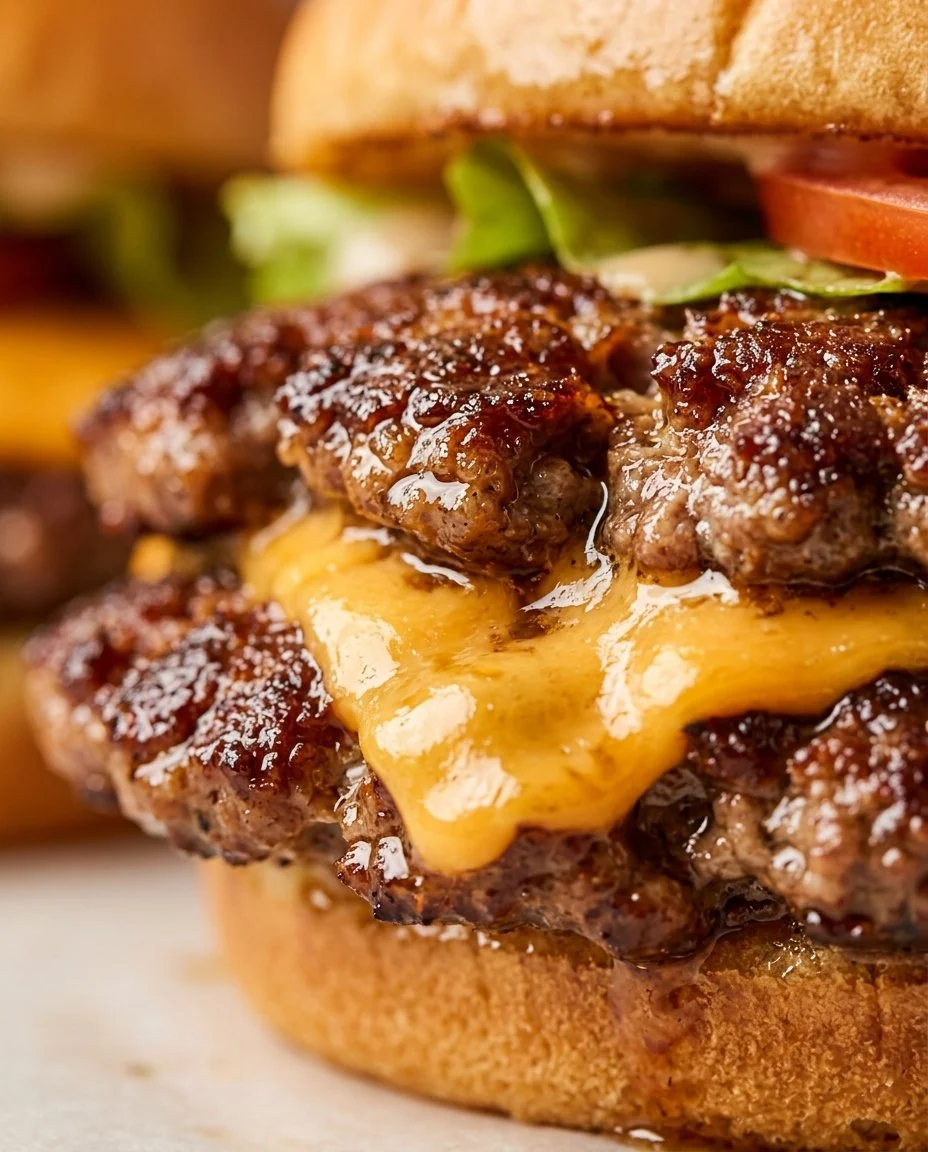 Juicy Blackstone smash burgers on a grill with toppings and buns.