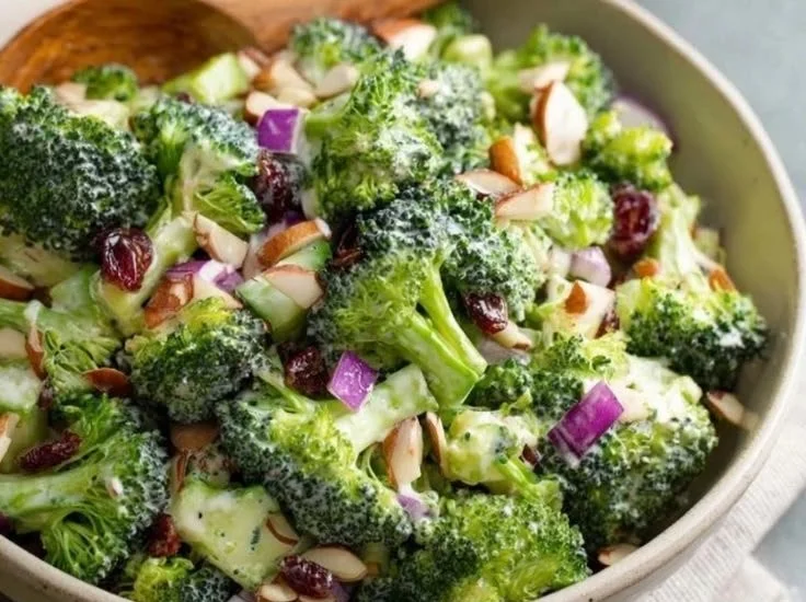 Healthy broccoli salad with almonds in a bowl