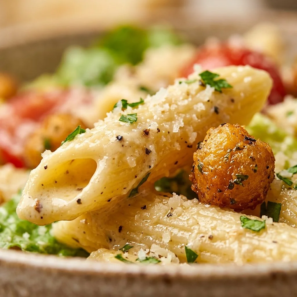Caesar Pasta Salad with Crispy Chickpeas served in a bowl