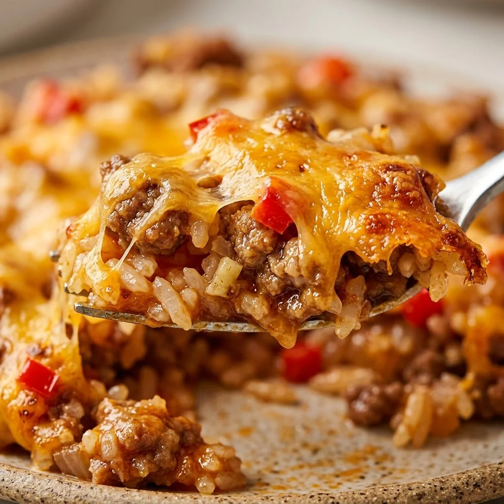 Cheesy ground beef and rice bake in a casserole dish, ready to serve.