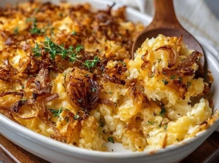 Delicious cheesy potato casserole baked until golden and bubbly.