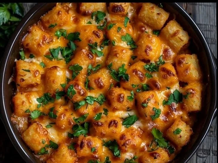 Delicious cheesy tater tot casserole topped with crispy tater tots.