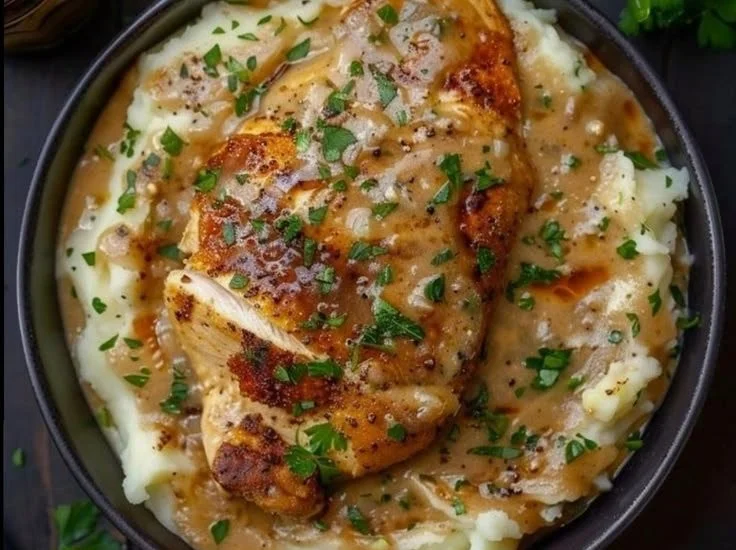 Plate of chicken with gravy served alongside creamy mashed potatoes