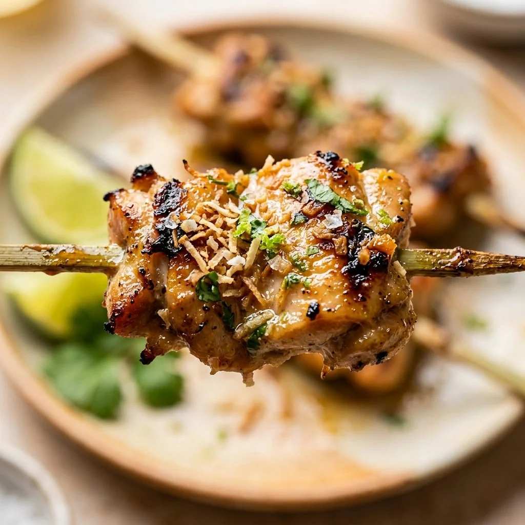 Coconut Lime Chicken Skewers with fresh lime and herbs