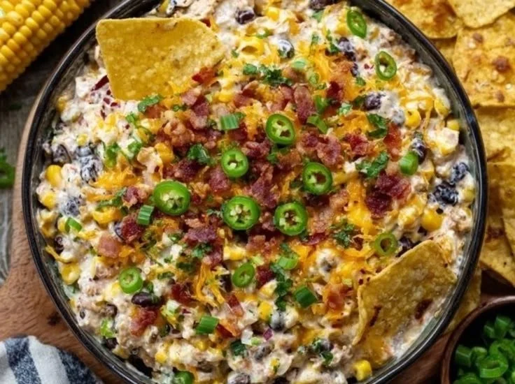 Creamy Corn Dip with Bacon served in a bowl