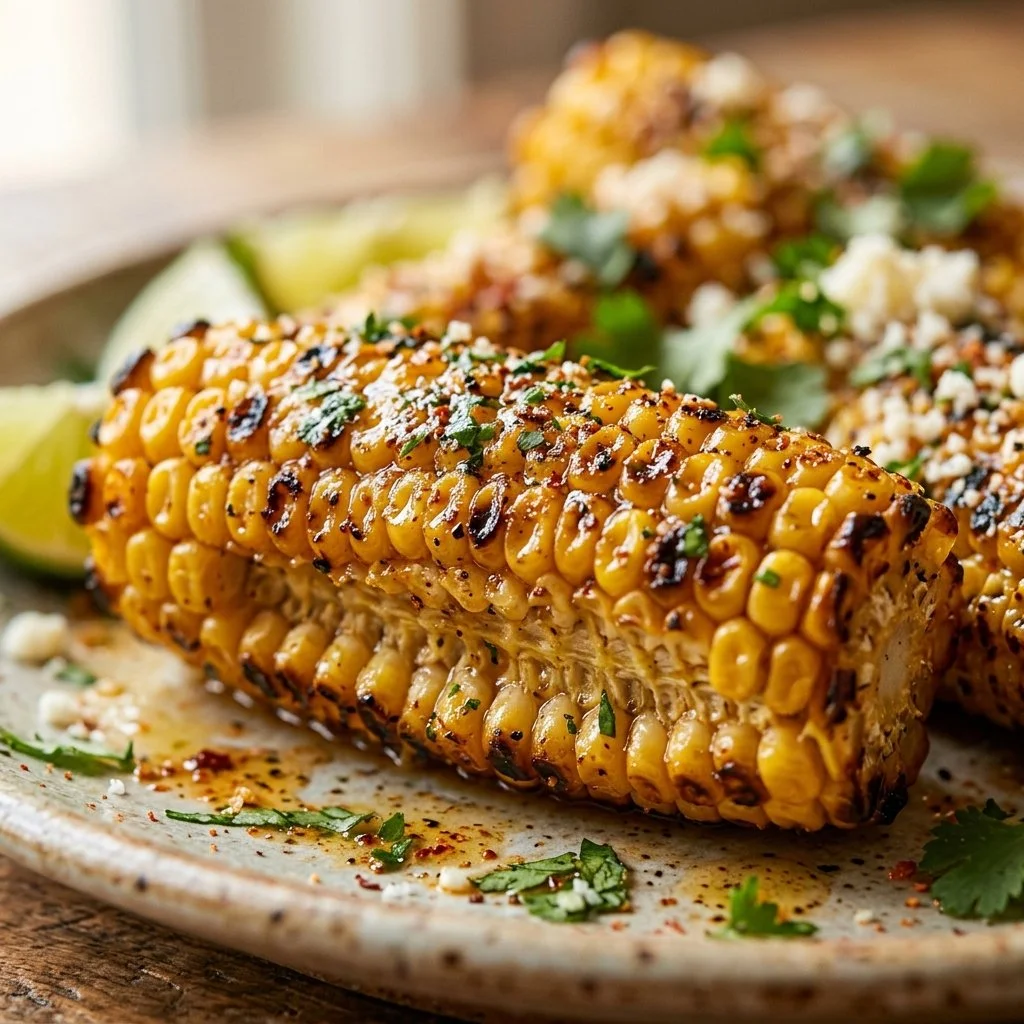 Grilled corn ribs drizzled with Tajin butter, a flavorful summer dish.