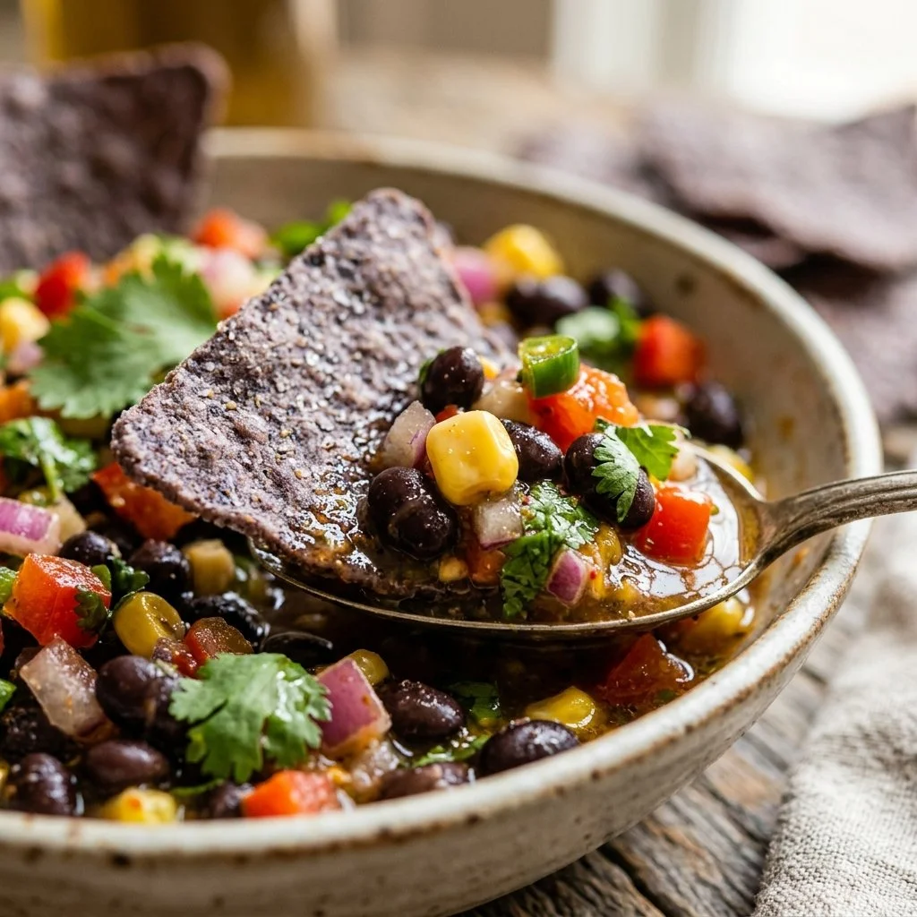 Delicious Cowboy Caviar Dip served with tortilla chips.