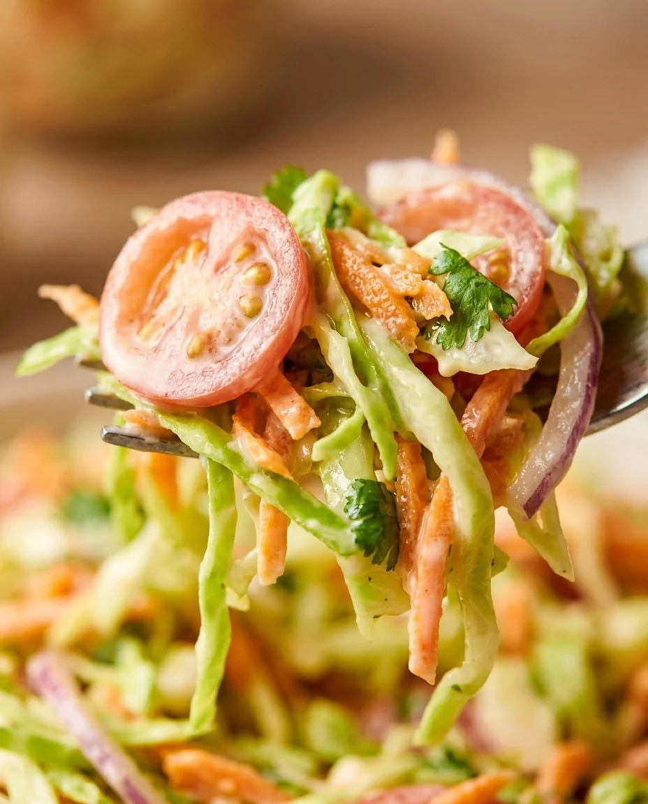Bowl of Cowboy-Style Cabbage Slaw with fresh vegetables and dressing