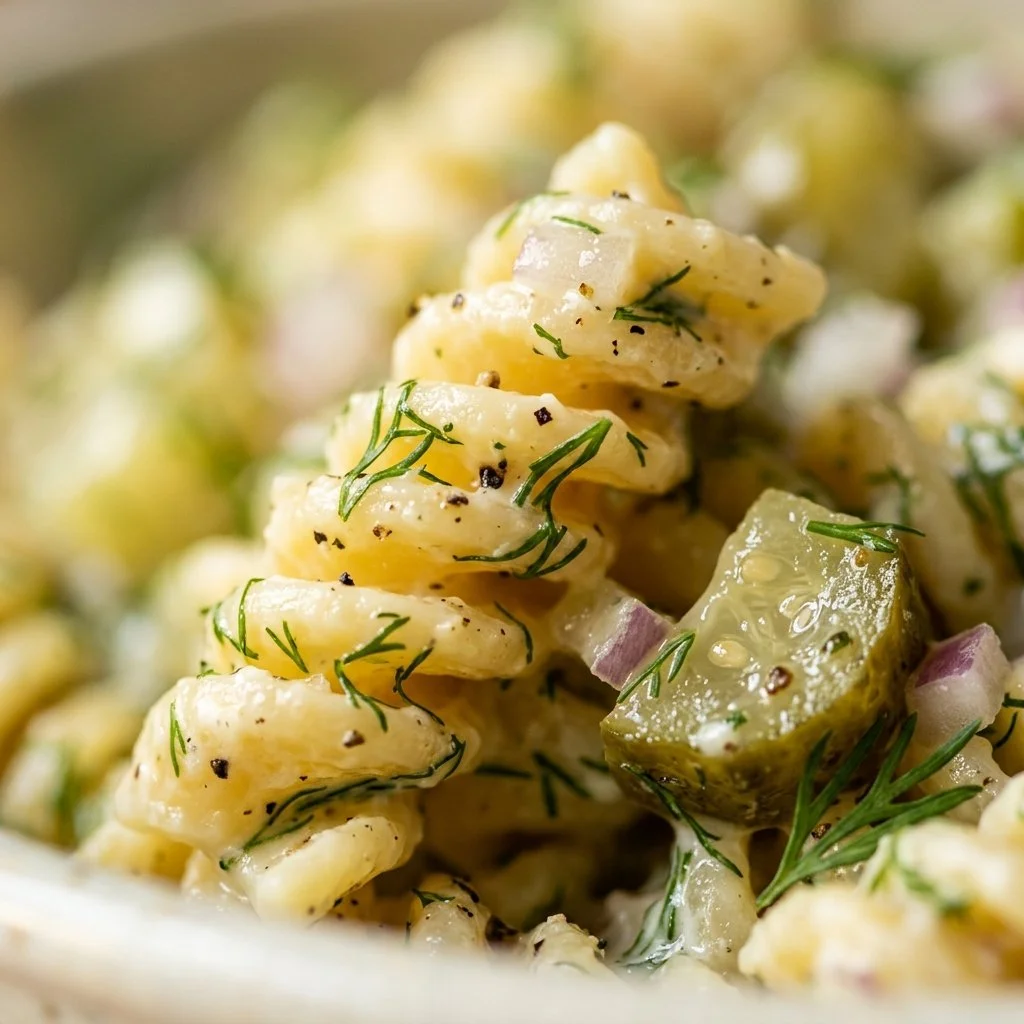 Creamy pasta salad with dill pickles, a delicious summer dish