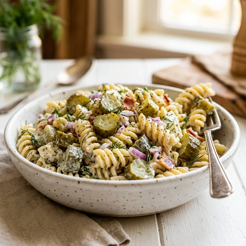 Creamy Pasta Salad with Dill Pickles