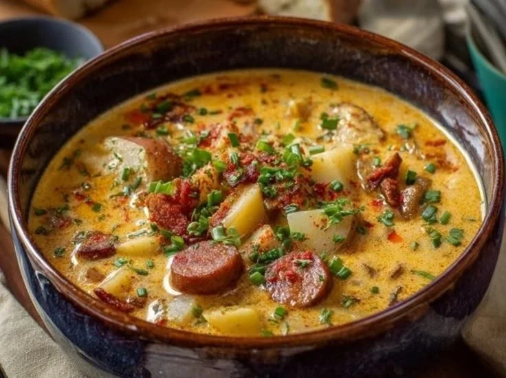 Bowl of creamy potato sausage soup garnished with parsley