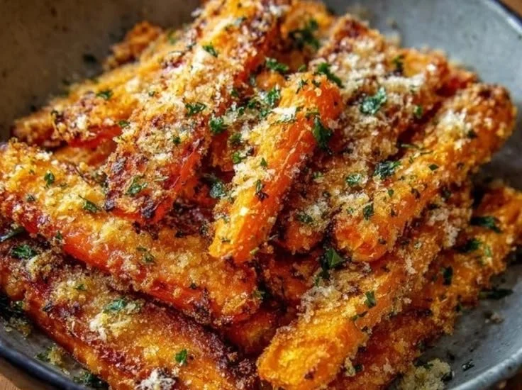 Crispy baked parmesan carrots served on a plate