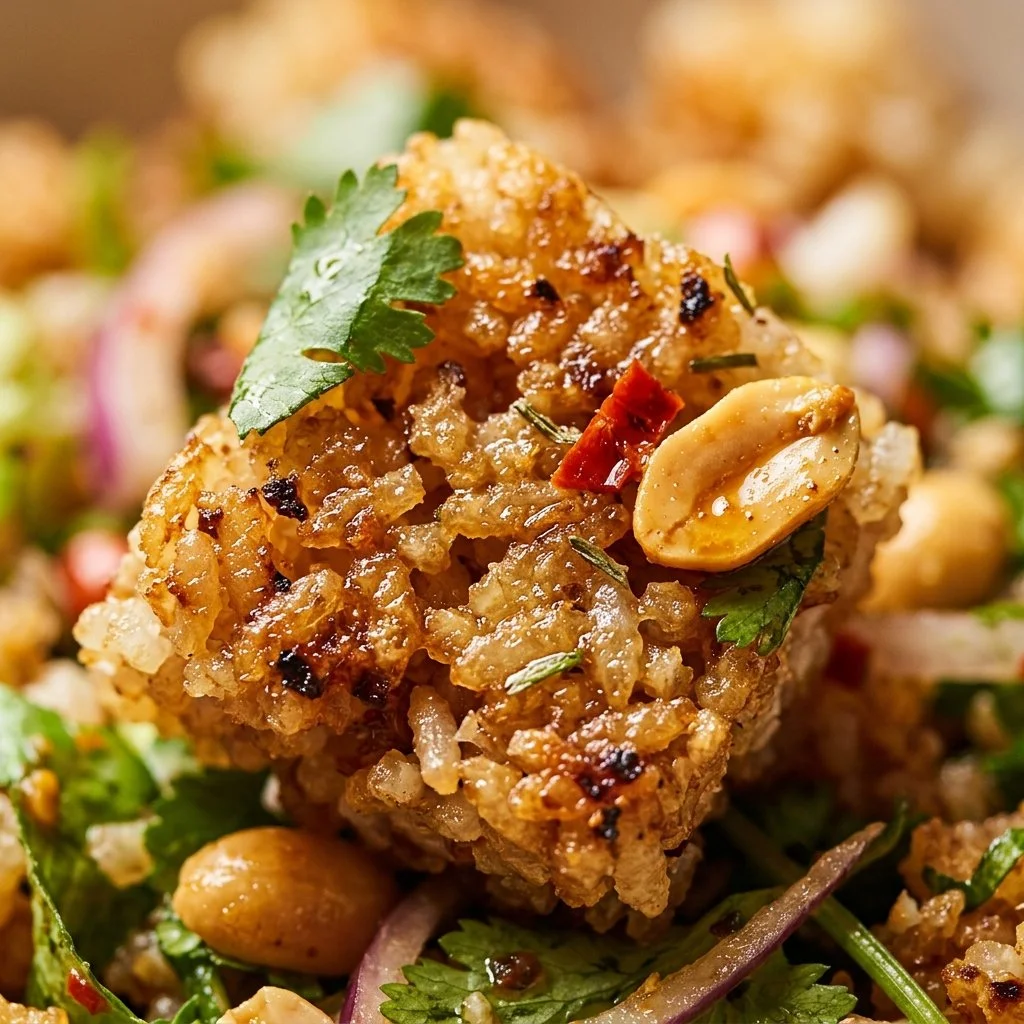 Crunchy rice salad with peanuts and fresh herbs in a bowl.