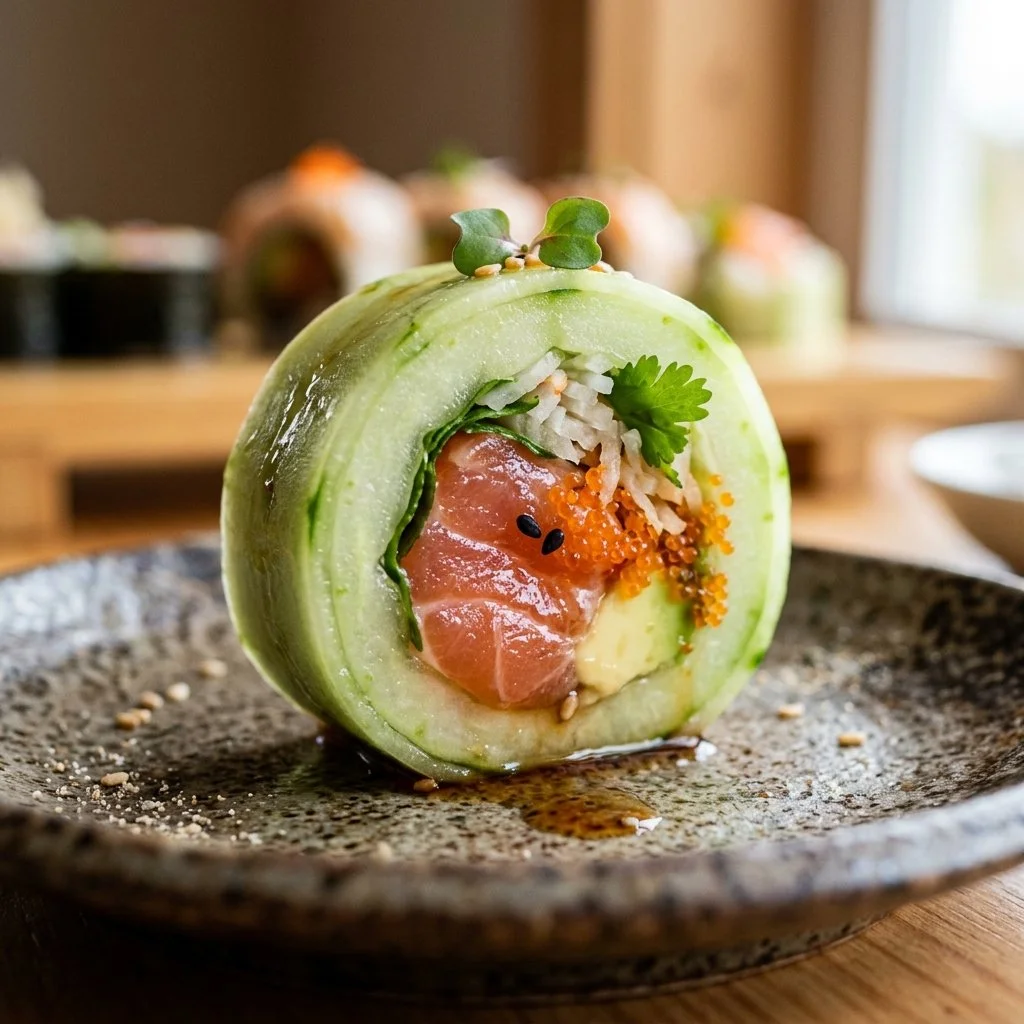 Delicious Cucumber Sushi Roll garnished with sesame seeds and served on a plate