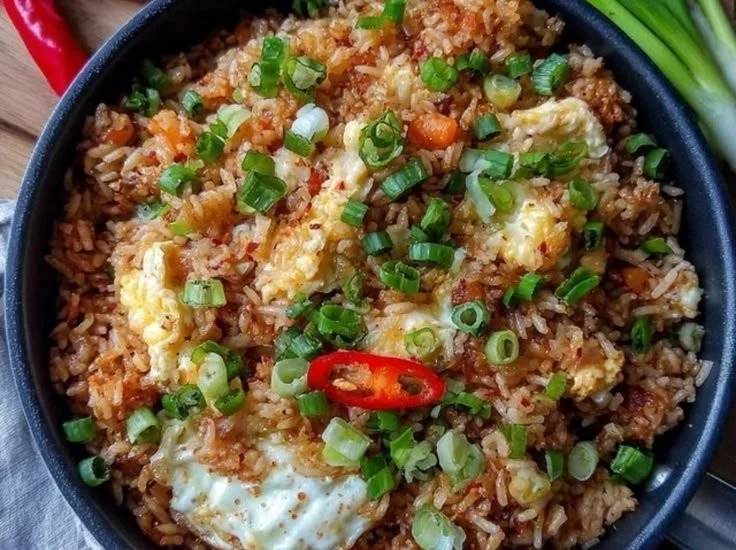 Delicious bowl of egg fried rice with fresh vegetables.