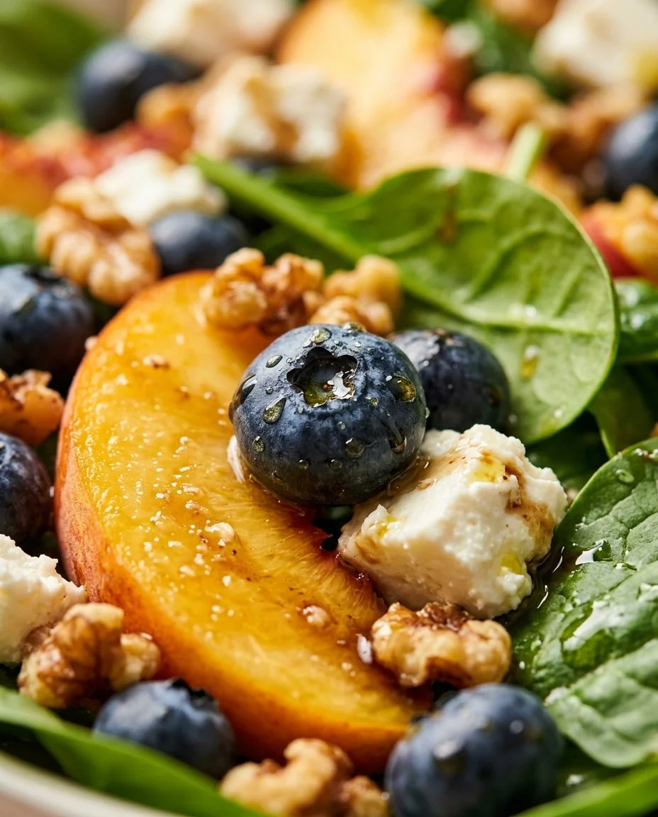 Feta salad with blueberries and peaches in a bowl