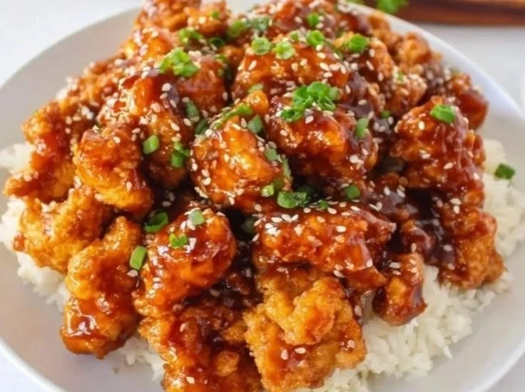 Homemade General Tso's Chicken served with rice and vegetables