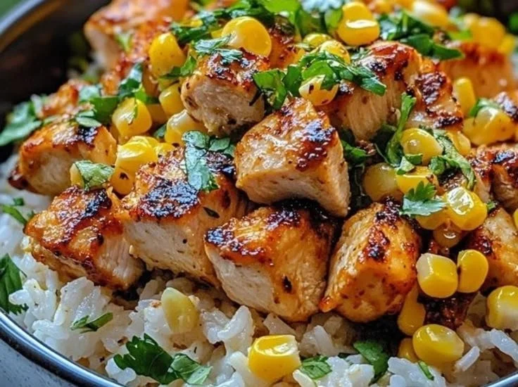 Grilled chicken rice bowl topped with fresh vegetables and herbs