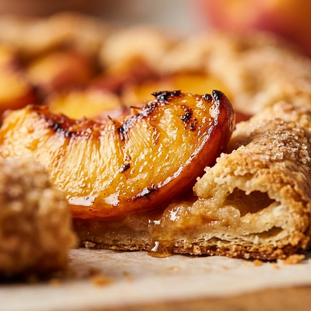 Delicious grilled peach galette fresh out of the oven with golden crust