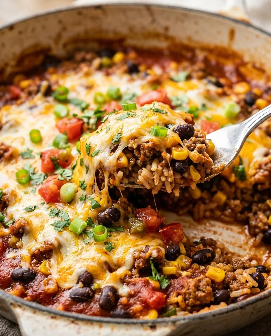 Ground Beef Enchilada Skillet topped with cheese and cilantro