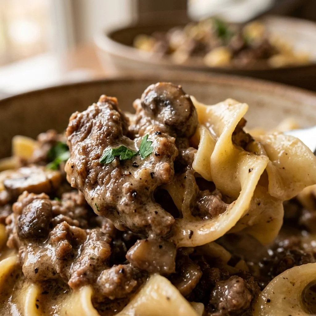 Delicious bowl of Ground Beef Stroganoff with noodles and mushrooms