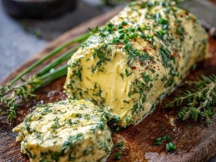 Homemade herb compound butter spread on bread