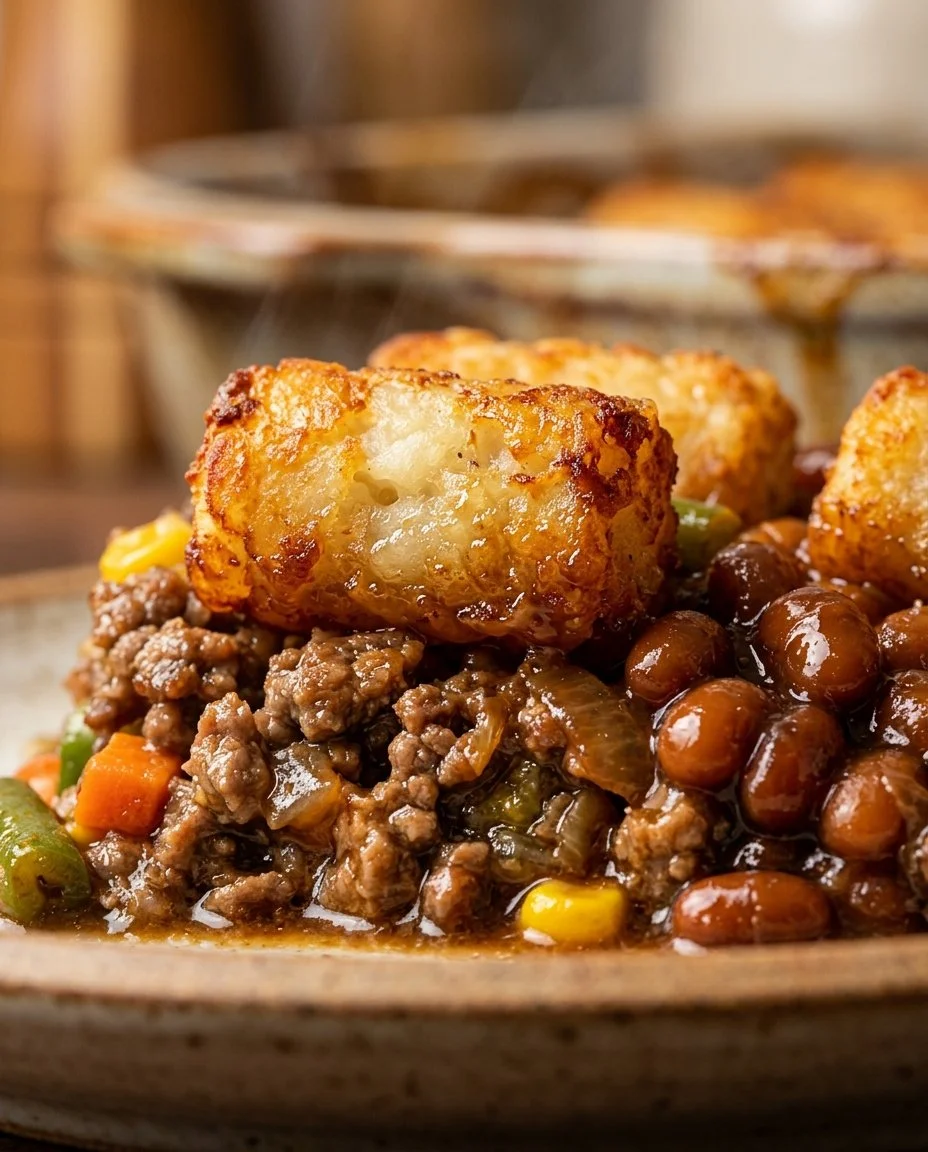 Delicious Hobo Casserole topped with melted cheese and colorful vegetables
