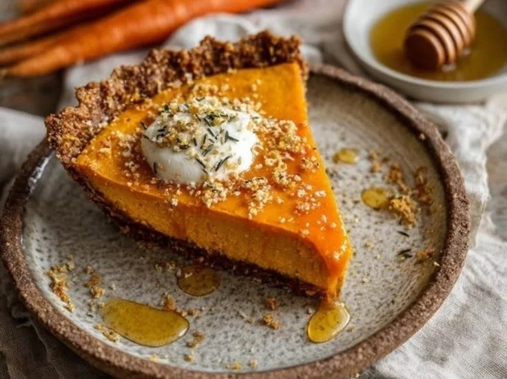 Delicious honey-drizzled carrot pie served on a white plate